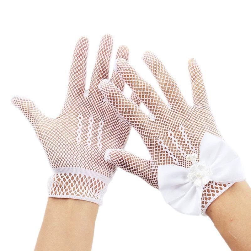 Детские перчатки для невесты, свадьбы, цветочницы, детского сада, детские перчатки для выступлений, эластичные сетчатые перчатки принцессы с бантом, детские