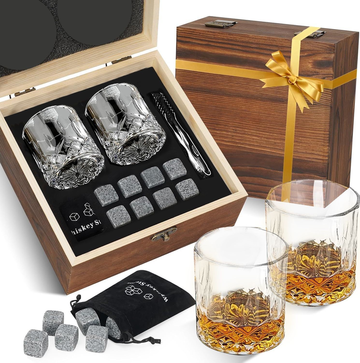 Juego de Vasos para Whisky con Piedras de Hielo y Caja de Madera, de Vidrio image 1