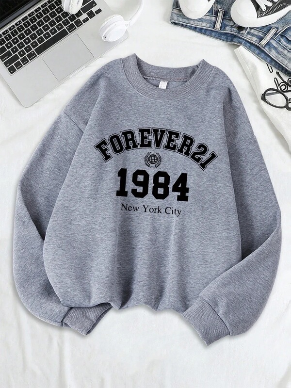 Forever 21 New York Printed Sweatshirt Women's Sports Sweatshirt Warm Round Neck Top Autumn and Winter Women's Clothing