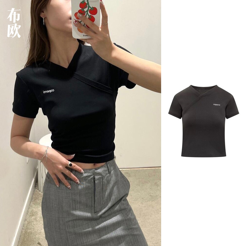 [Clearout No Returns or Exchanges] French Designer Classy Women's Clothing Slim V Neck Asymmetrical Short-Sleeved Tops T-Shirts for Women Trendy