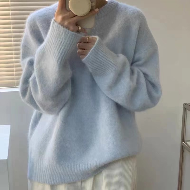 温柔浣熊绒圆领毛衣女宽松外穿秋冬慵懒风套头蓝色软糯打底针织衫|undefined