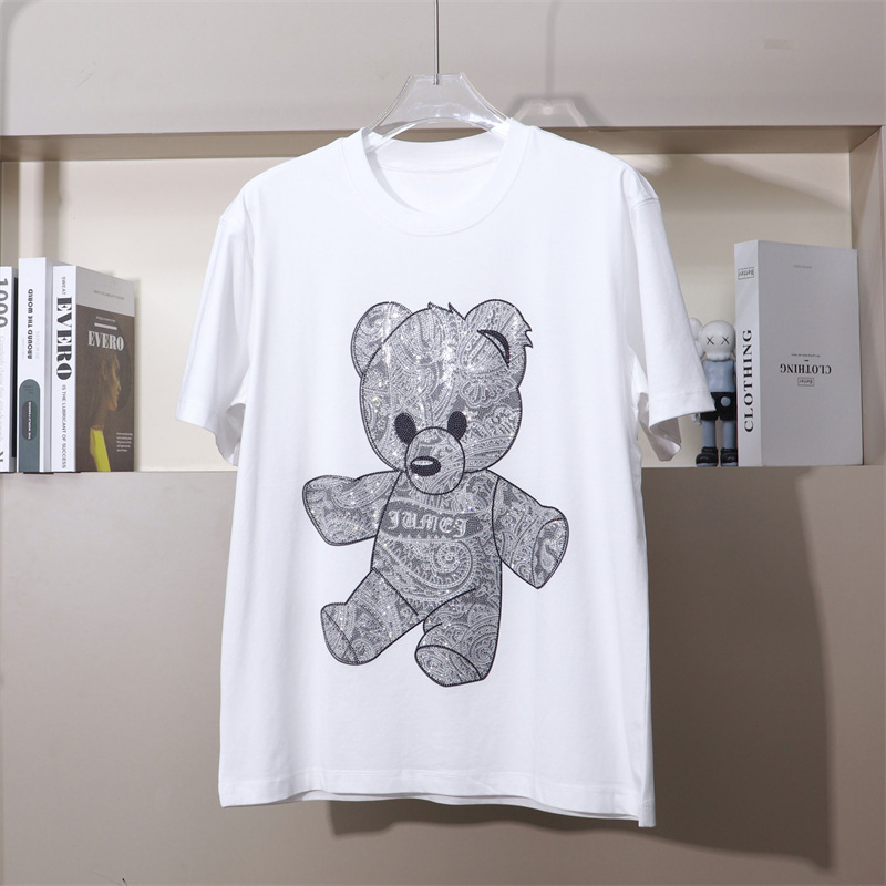 Estación de Guangzhou Xigao mercancías de la industria pesada impresión caliente gris diamante oso algodón media manga suelta manga corta Camiseta más tamaño gordo hombre gordo