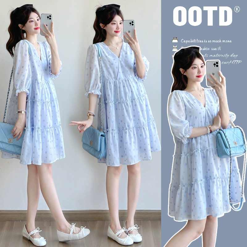 Летнее платье для беременных 2025 года с V-образным вырезом из шифона, свободное и универсальное, для скрытия живота, утягивающая верхняя одежда для беременных.