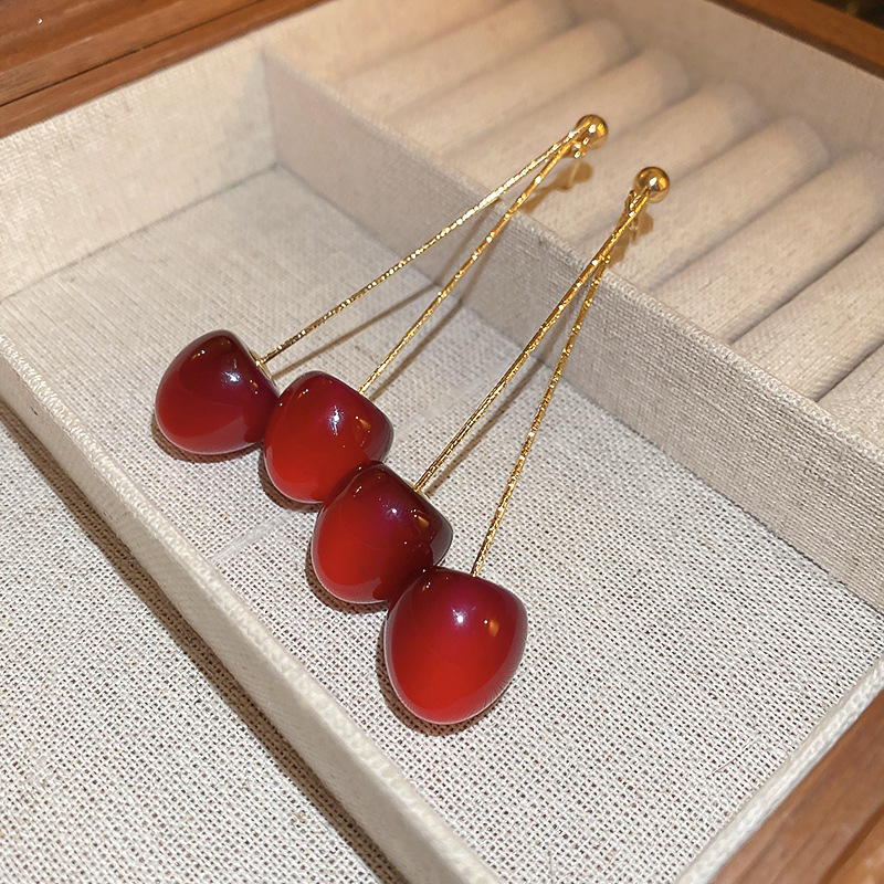 925 Sterling Silver Ear Needle Material 1 Pair Exaggerated Sweet Cherry Plating Arylic Alloy Drop Earrings