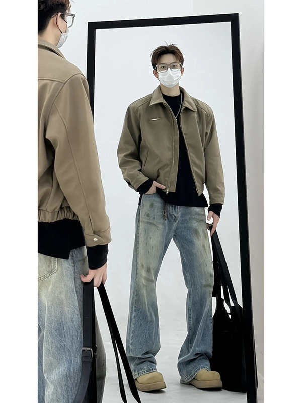 卡其色美式垫肩外套男款春秋翻领cleanfit行政夹克复古短款棒球服|undefined