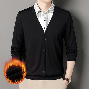 Men's Autumn and Winter New fleece-lined Thickened Middle-aged and Young Men's Casual Fashion Knitted Shirt Fake Two-piece Business Menswear