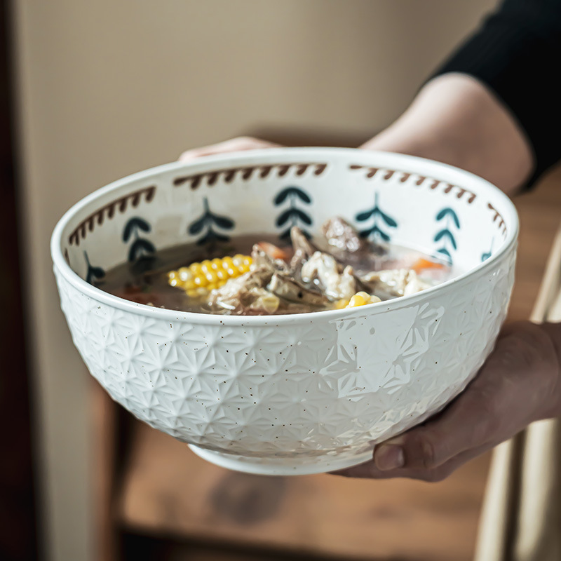 Japonés retro en relieve tazón de cerámica pequeña sopa de cártamo tazón de gran capacidad cubiertos domésticos tazón de gran tamaño tazón de frutas tazón