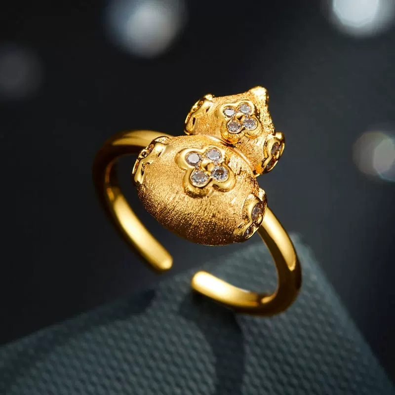 高级感金色拉丝葫芦开口戒指国风时尚微镶锆石指环圈可调节食指戒