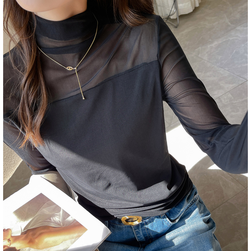여성용 새로운 하프 터틀넥 메쉬 스플라이스 미드 칼라 긴팔 티셔츠, 이너 레이어드 셔츠, 하이엔드, 아우터 가능 탑