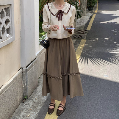七姨 西装裙女2022秋冬新款高腰显瘦中长款a字百褶半身裙休闲裙子