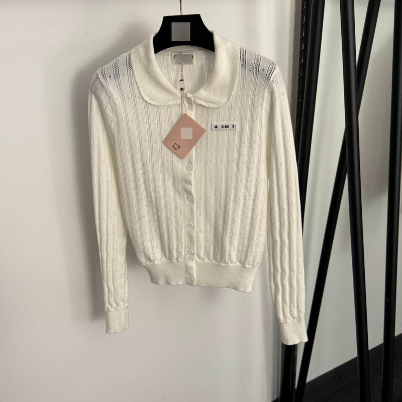 Nanyou m Brand Women's Clothing 25 Early Autumn New Doll Collar Logo Patch Versatile Hollow-Out Long-Sleeve Knit Cardigan Top