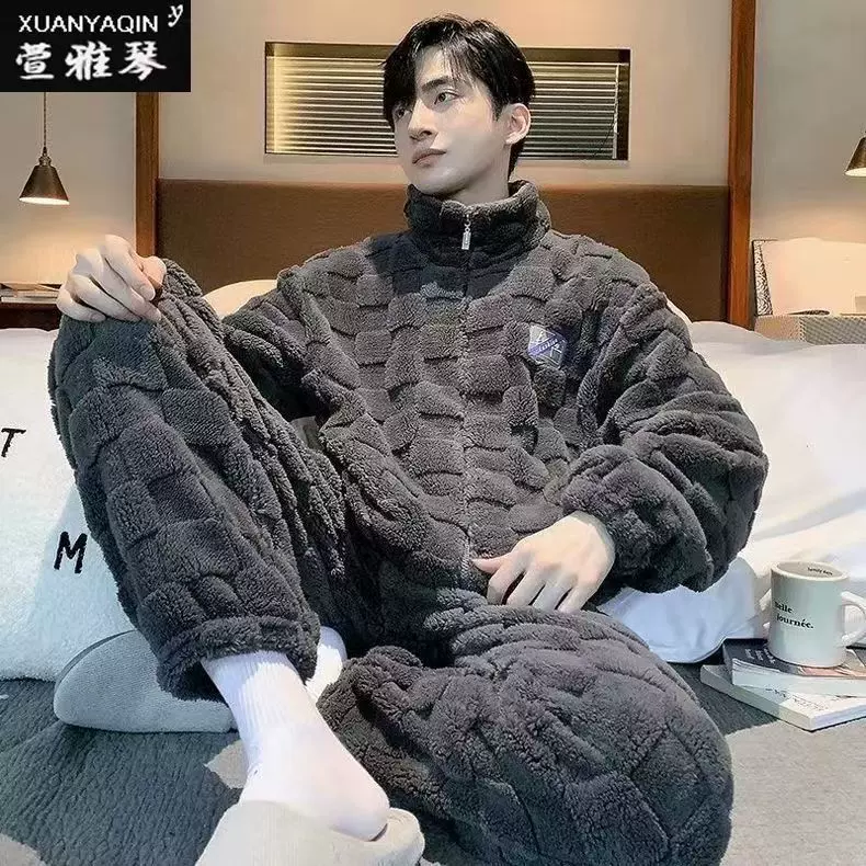 2025新款睡衣男士秋冬季加绒加厚长袖保暖珊瑚绒法兰绒家居服套装