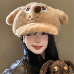 怒气可爱小狗狗毛茸茸耳朵贝雷帽女冬季保暖棕色毛绒大版棒球帽子
