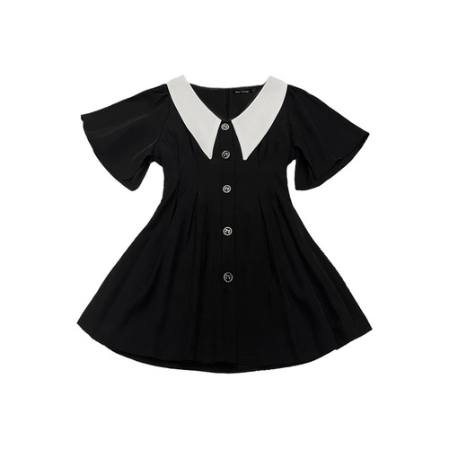 2025 waist waist to show thin black dress summer fat mm design French retro doll-neck dress