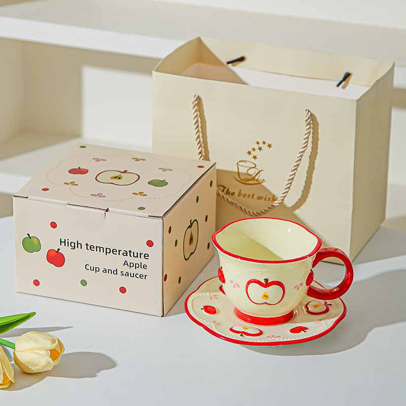 Tazas de café de cerámica de manzana, plato, taza de marca, diseño de relieve pintado a mano original, taza de agua, taza de leche de desayuno