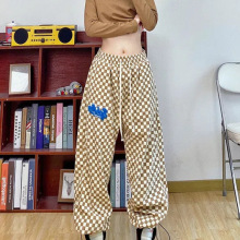 批发春秋季新款韩版高腰卡其色棋盘格美式休闲款运动裤女束脚裤子