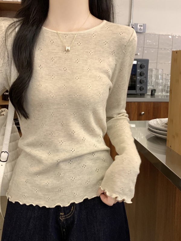 秋冬韩系温柔风圆领边长袖针织衫女复古甜美镂空毛衣打底上衣2025|undefined