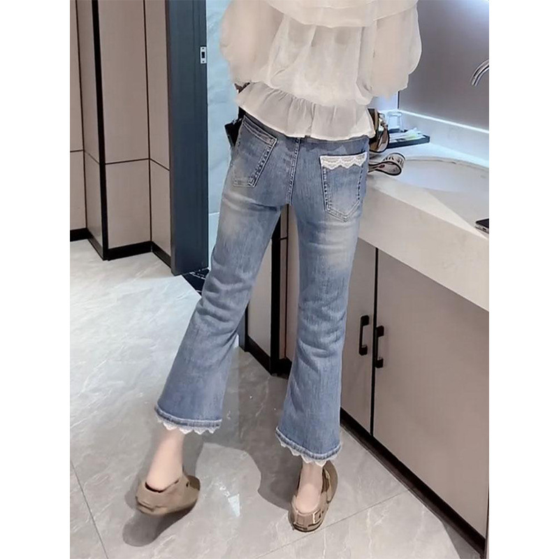 Plus Size Stretchy Blue Cropped Jeans for Women, Summer Thin High-Waisted Slimming Straight-Leg Flared Pants for Curvy Figures