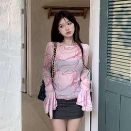 时尚扎染透视网纱喇叭长袖T恤女秋季新款辣妹性感修身短款上衣服