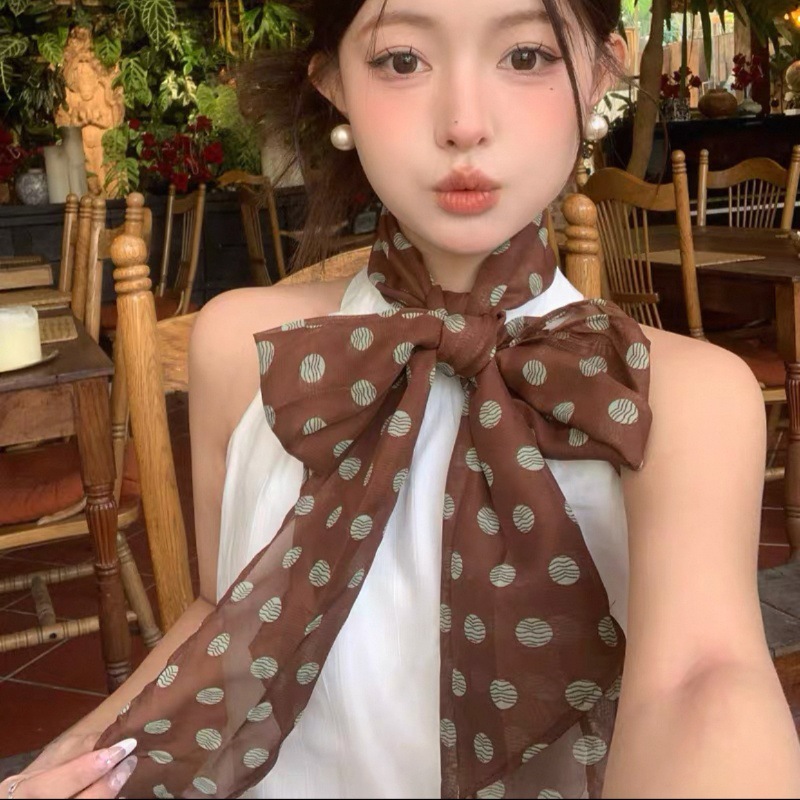 Long Polka Dot Silk Scarf with Neck Tie, High-End Women's 2025 New Korean Style Neck Matchinging Scarf Ribbon Streamer Belt