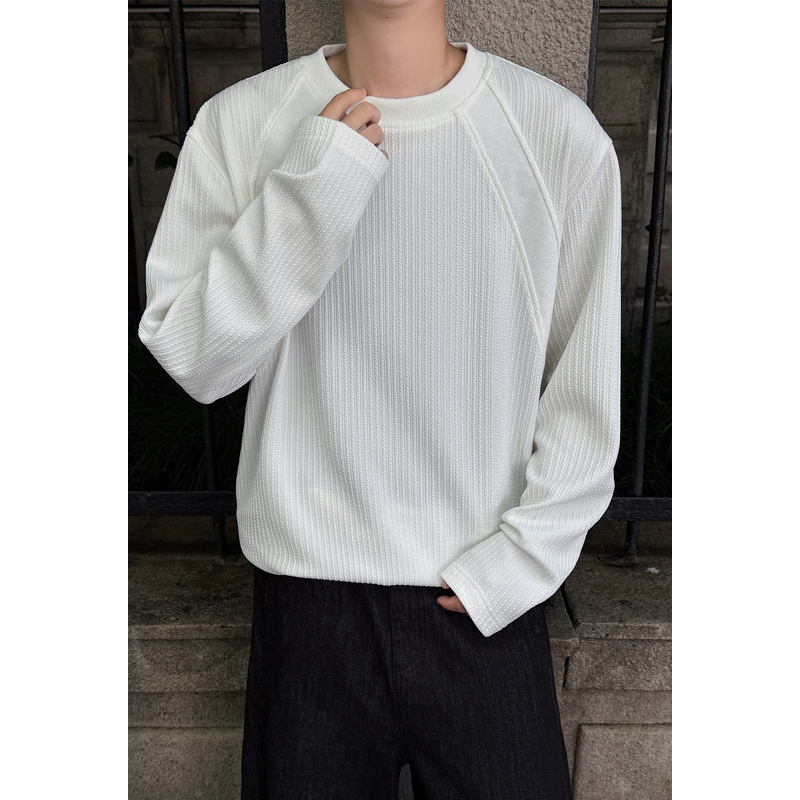 American Retro Deconstructed Patchwork Textured Long-sleeve T-shirt For Men, Stylish Casual, With Regular Shoulder And_voghion.com