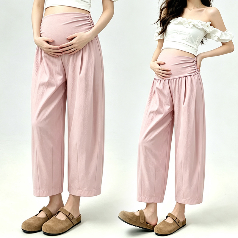 Maternity Wide-Leg Pants Without Belly Support, Summer Trendy New Style for Petite Moms, Cropped Pants with Loose Drape, Casual Long Pants Maternity Wide-Leg Pants Without Belly Support, Summer Trendy New Style for Petite Moms, Cropped Pants with Loose Drape, Casual Long Pants
