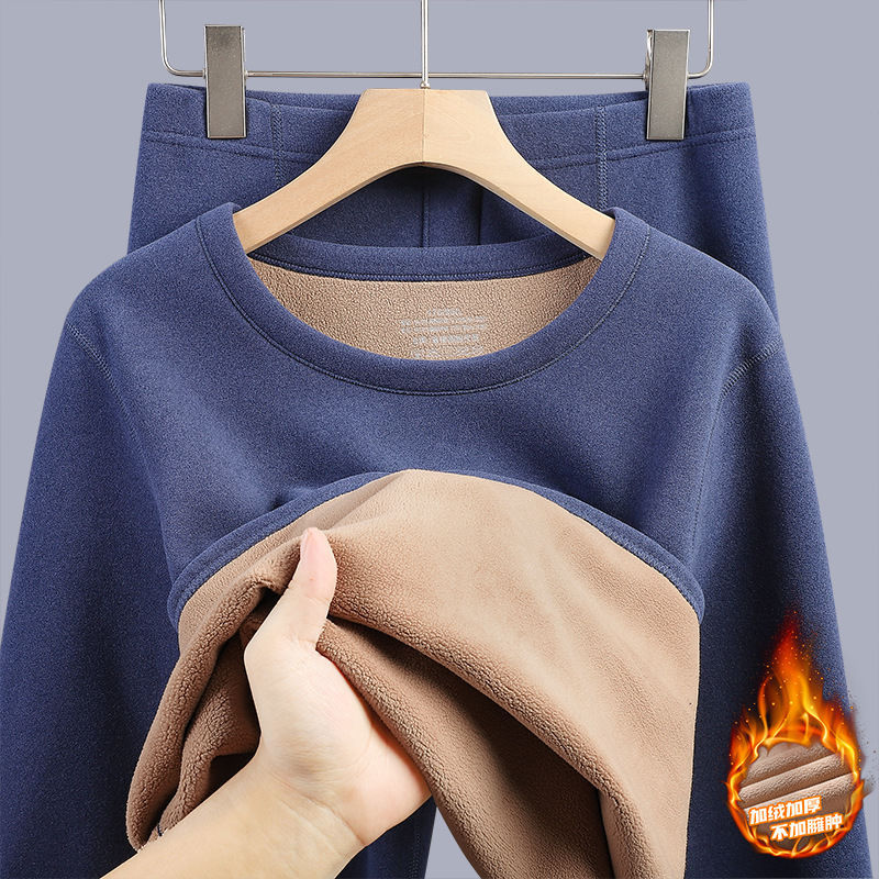 Winter Lamb Velvet Thermal Underwear Men's fleece-lined Thickened Autumn Clothes Autumn Pants suit Women's Round Neck Cold-proof Base Warm Clothes