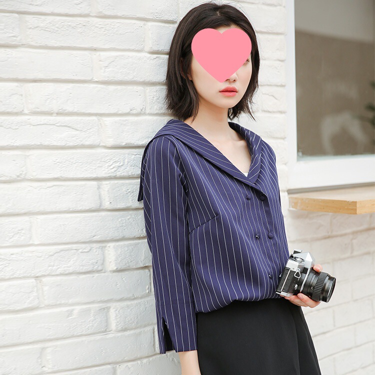 Actual Shot of the New Summer Style Navy Style Shawl Collar Stripesd Shirt Blue One-Size-Fits-All Pure Color Splicing Sleeveless Princess Sleeves