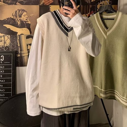 Spring and Autumn Harbor Trend Knit Shirt for Men BF Couple College Style Wool Knit V-neckless Cardigan Vest