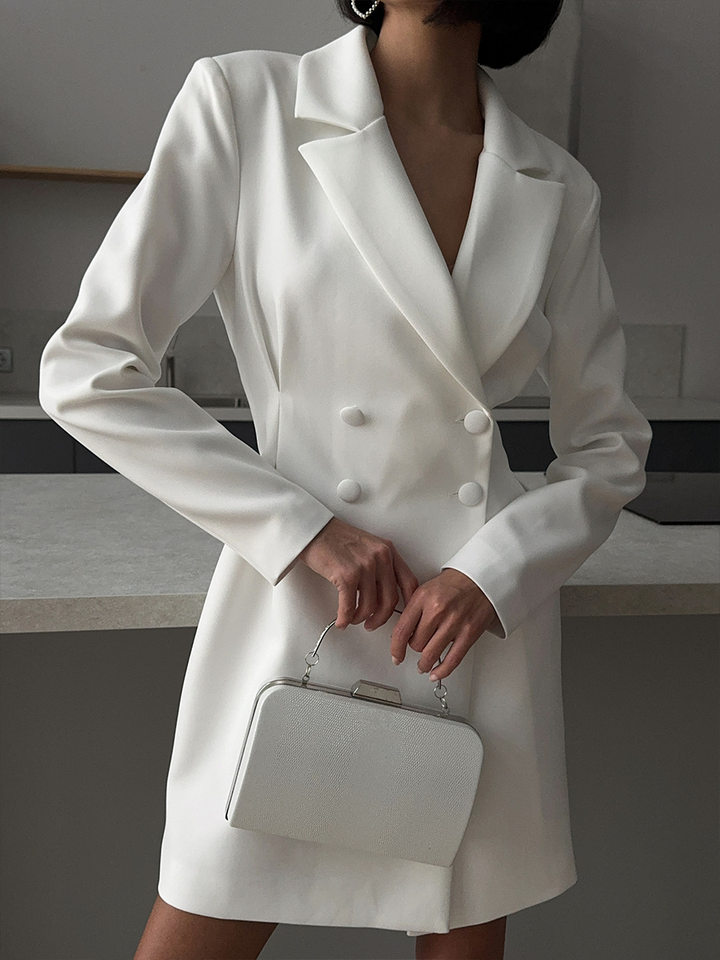 Đầm blazer nữ dáng chữ A cổ chữ V dài tay thắt eo cạp cao — Màu trắng, Màu đen chi tiết 30