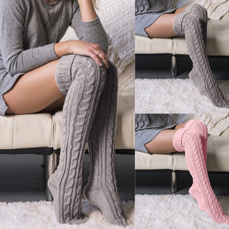 European and American Best-Selling Autumn and Winter Fashionable Twist Knitted Mid-Length Over-The-Knee Stacked Woolen Socks for Women Amazon Exclusive