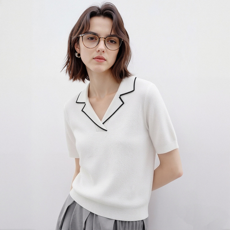Mulberry Silk Cotton T-Shirt Women's Summer Top High-End French Style Lapel Knitwear Short-Sleeved T-Shirt Women's Thin Style