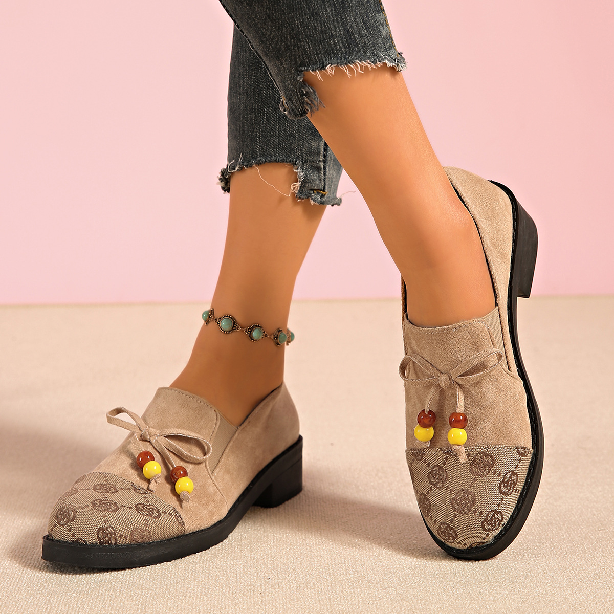 Color Block Women's Suede Loafers British Style Bow Chunky Heel Casual Single Shoes with Small Plum Blossom Design_voghion.com