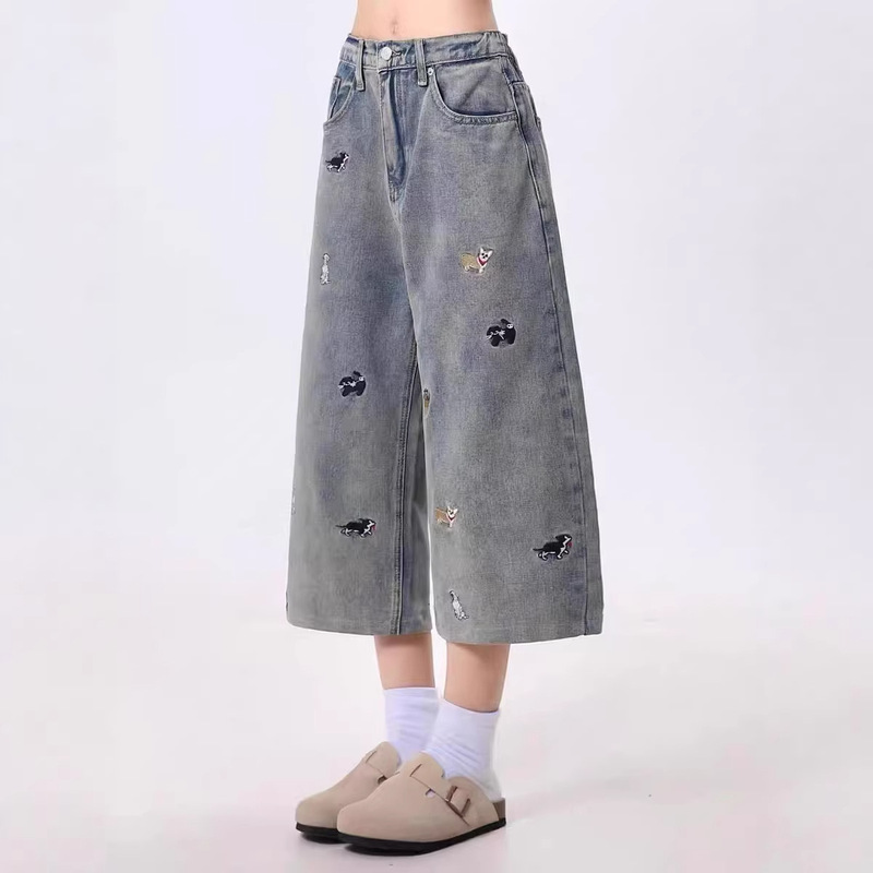 Cute Puppy Embroidery Design Blue Jeans for Men, New Summer Style, Loose Straight Wide-Leg Cropped Pants