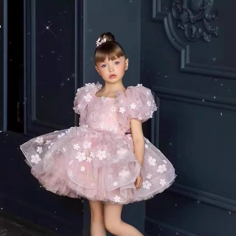Pink Girls' Puff Sleeve Dress Children's Birthday Princess Style Tutu For Piano Performance New Arrival Autumn【Pre-sale | Ships In 15 Days】_voghion.com