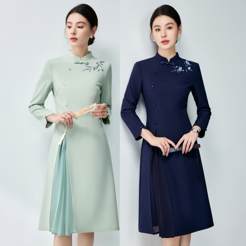 Professional dress, Hanfu-inspired modern Chinese cheongsam, work uniform, hotel attire, traditional Chinese style, formal wear for reception and welcoming guests