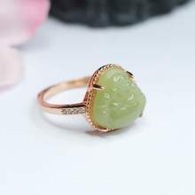 和田玉青海料佛公玉石笑佛戒指925彩银镶嵌活口戒指女气质百搭指