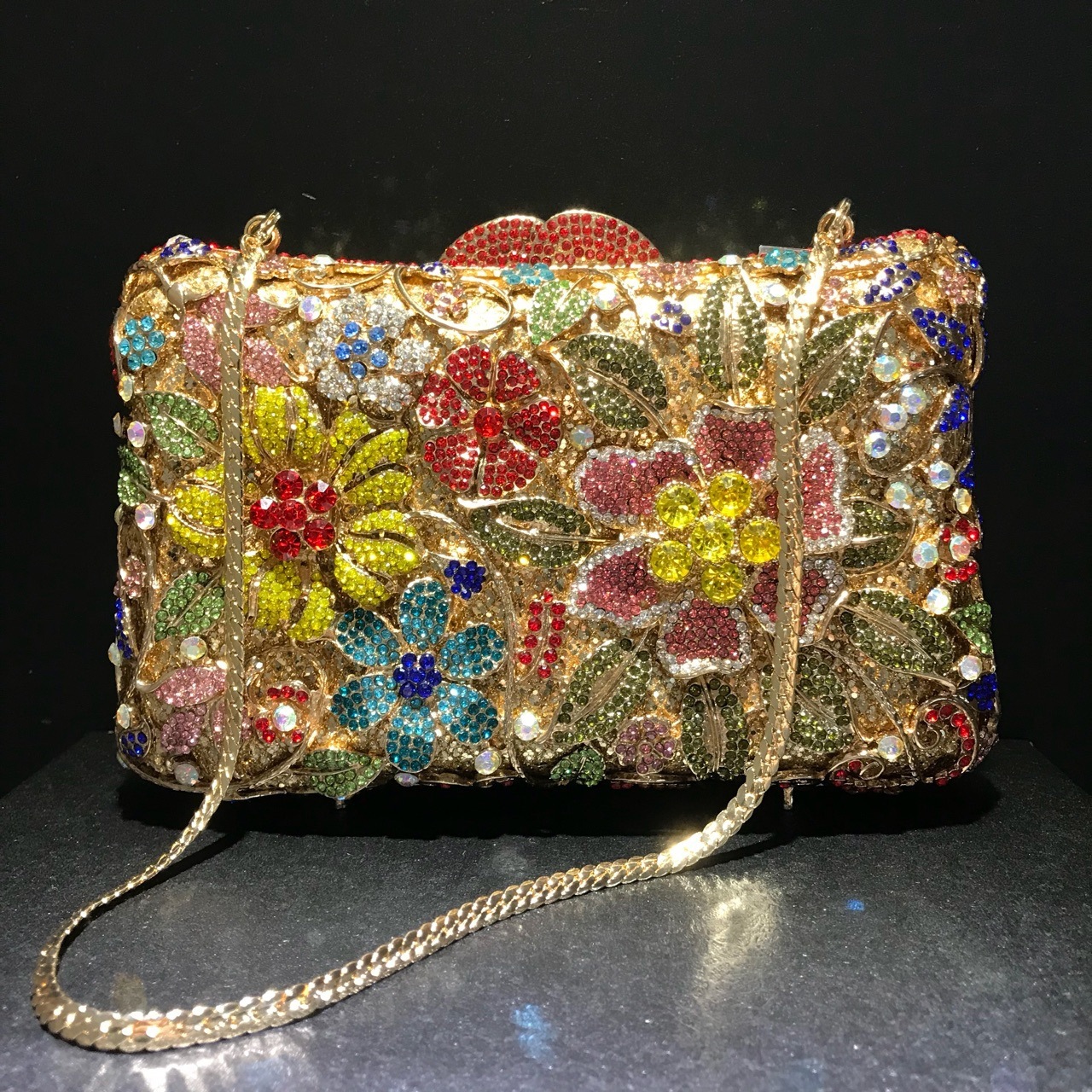 Nuevo paquete de cena de diamantes de flores, bolsas de mano de diamantes para celebridades europeas y estadounidenses, bolsas de vestido de oro, embrague de diamantes