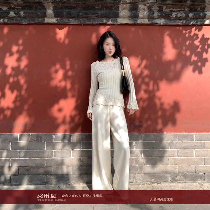 Lu Qingyi Original【Yingfenlei】French-Style Knit Sweater for Women, Winter Lace Trim, Ribbed Slim-Fit Base Layer Top