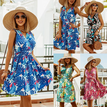 2022跨境外贸独立站速卖通亚马逊欧美新款V领潮流印花收腰连衣裙