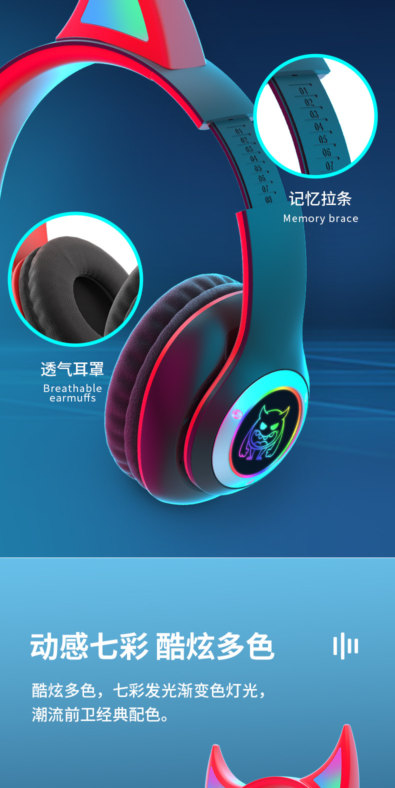 Glänzende und stilvolle Bluetooth-Kopfhörer mit Teufelskopf-Design, hochauflösende und klare Soundqualität, Sport-Gaming-Kopfhörer mit langer Akkulaufzeit