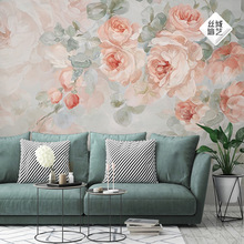 欧式蔷薇手绘花朵壁布客厅卧室壁画背景墙纸沙发温馨壁纸田园墙布
