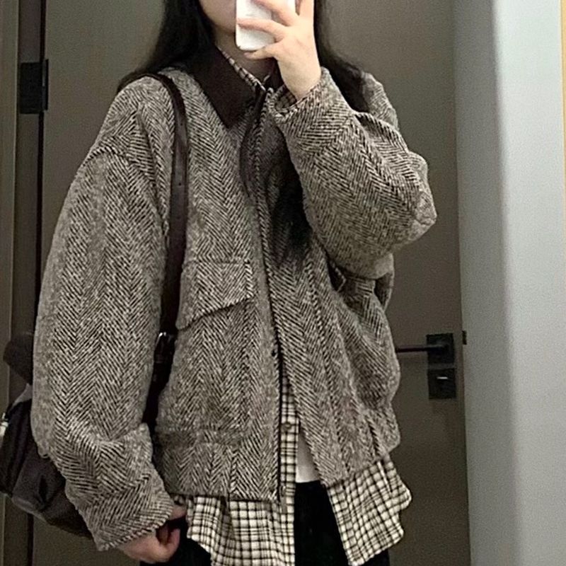 美式复古翻领夹克外套女学生秋季新款设计感宽松百搭休闲棒球服潮|undefined