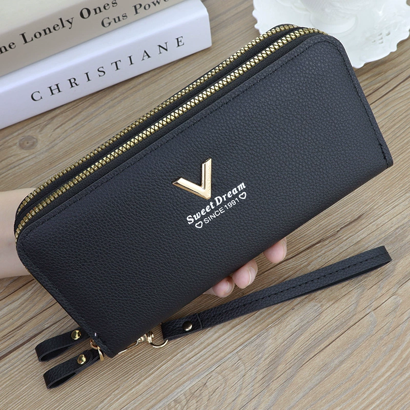 Новый женский кошелек, модный двухслойный длинный клатч на молнии, сумка для мобильного телефона с узором Личи, Толстая сумка для нескольких карт большой емкости