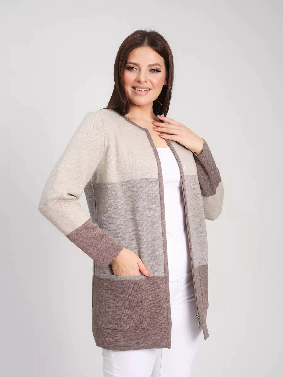 Кардиган теплый больших color block large size knitted jacket