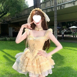 甜美夏季新款蝴蝶结收腰吊带设计连衣裙洛丽塔蕾丝小飞袖蓬蓬裙女
