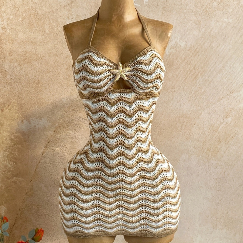 In Stock 2026 European and American Amazon Summer Vacation Women's V-Neck Striped Color-Block Knit Crochet Slit Dress In Stock 2026 European and American Amazon Summer Vacation Women's V-Neck Striped Color-Block Knit Crochet Slit Dress