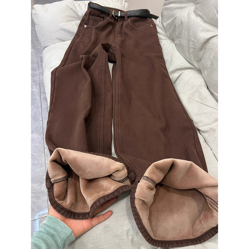 American Coffee Brown Velvet Thickeneded Jeans for Women in Autumn and Winter High-Waisted Slim Loose Straight Floor-Length Wide-Leg Pants American Coffee Brown Velvet Thickeneded Jeans for Women in Autumn and Winter High-Waisted Slim Loose Straight Floor-Length Wide-Leg Pants