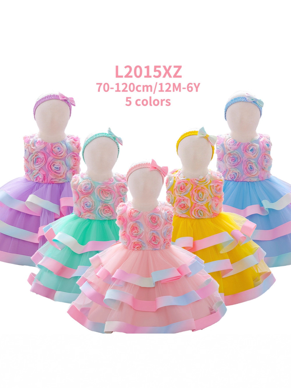 Vestido para niñas, vestido de bautizo para bebés de un año, vestido de princesa con flores tridimensionales de malla, vestido de cumpleaños con falda abullonada de colores.