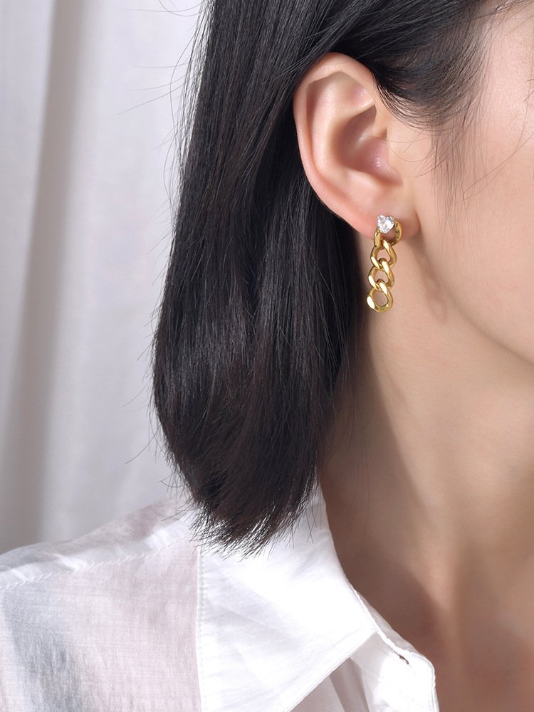 Fashion Heart Shape Stainless Steel Inlay Zircon Drop Earrings 1 Pair